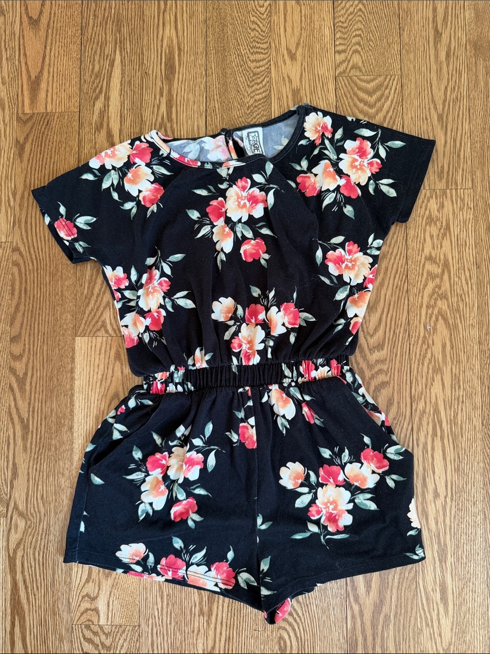 Erge Black Floral Girls Romper with Pink & Coral Flowers